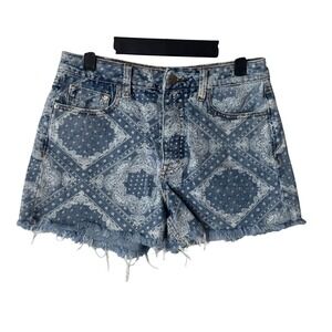 Vigoss High Rise Bandana Paisley Print Denim Shorts Blue White Size 27